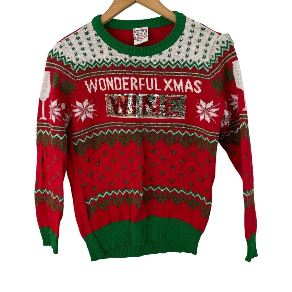 Holiday Wonderful Xmas Time Wine Flip Sequin Ugly Christmas Sweater Size XS